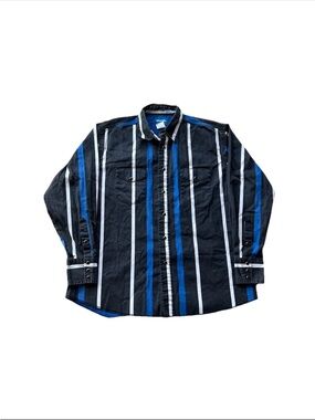 VTG Wrangler Western Shirts Brushpopper Pearl Snap Blue Black Shirt Size XL 90s